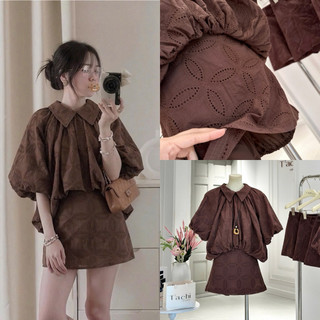 SEP House - Set thô boi áo dáng bí cổ sen tay bồng phối chân váy A ngắn nâu tay trendy, trẻ trung - Ảnh thật