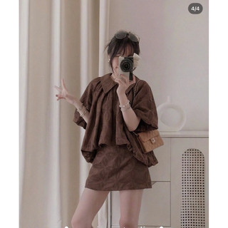 SEP House - Set thô boi áo dáng bí cổ sen tay bồng phối chân váy A ngắn nâu tay trendy, trẻ trung - Ảnh thật