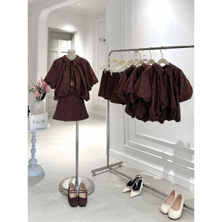 SEP House - Set thô boi áo dáng bí cổ sen tay bồng phối chân váy A ngắn nâu tay trendy, trẻ trung - Ảnh thật