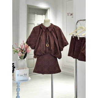 SEP House - Set thô boi áo dáng bí cổ sen tay bồng phối chân váy A ngắn nâu tay trendy, trẻ trung - Ảnh thật