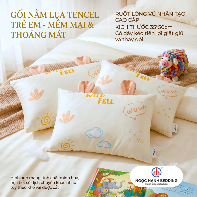 [Đã kèm áo gối] Gối nằm trẻ em đi học Lụa Tencel mát lạnh, Ruột Gối lông vũ mềm mại - Ngọc Hạnh Bedd