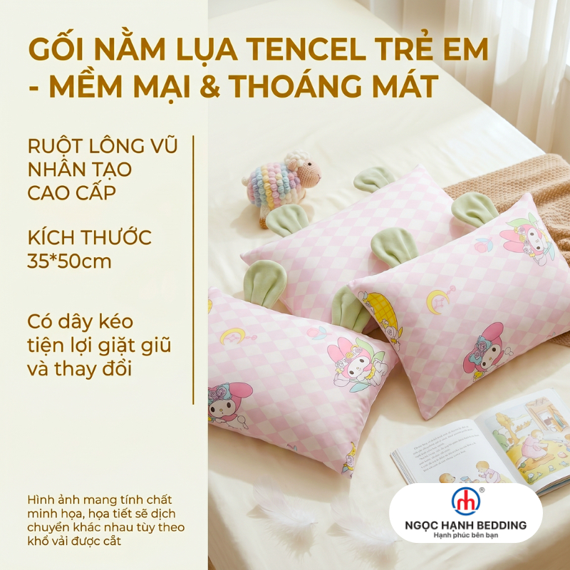 [Đã kèm áo gối] Gối nằm trẻ em đi học Lụa Tencel mát lạnh, Ruột Gối lông vũ mềm mại - Ngọc Hạnh Bedd