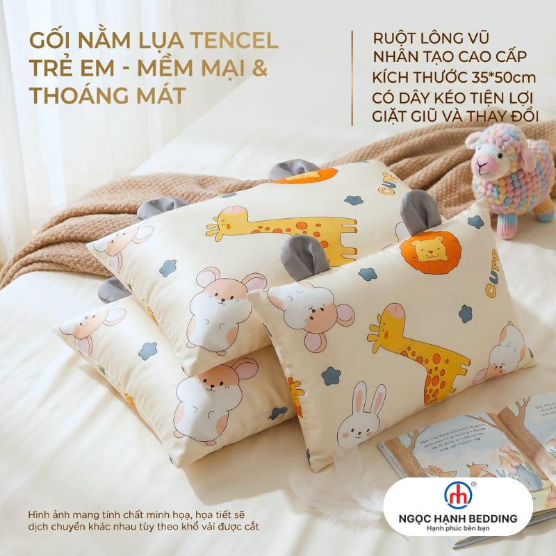 [Đã kèm áo gối] Gối nằm trẻ em đi học Lụa Tencel mát lạnh, Ruột Gối lông vũ mềm mại - Ngọc Hạnh Bedd