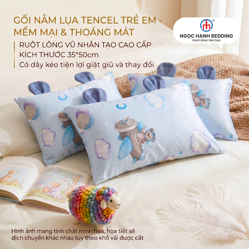 [Đã kèm áo gối] Gối nằm trẻ em đi học Lụa Tencel mát lạnh, Ruột Gối lông vũ mềm mại - Ngọc Hạnh Bedd