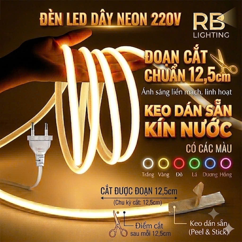 Combo 3M, 5M, 10M, 15M đèn neon 220V cắt đoạn 12,5cm có keo dán sẵn, siêu sáng, trang trí sân vườn, cafe