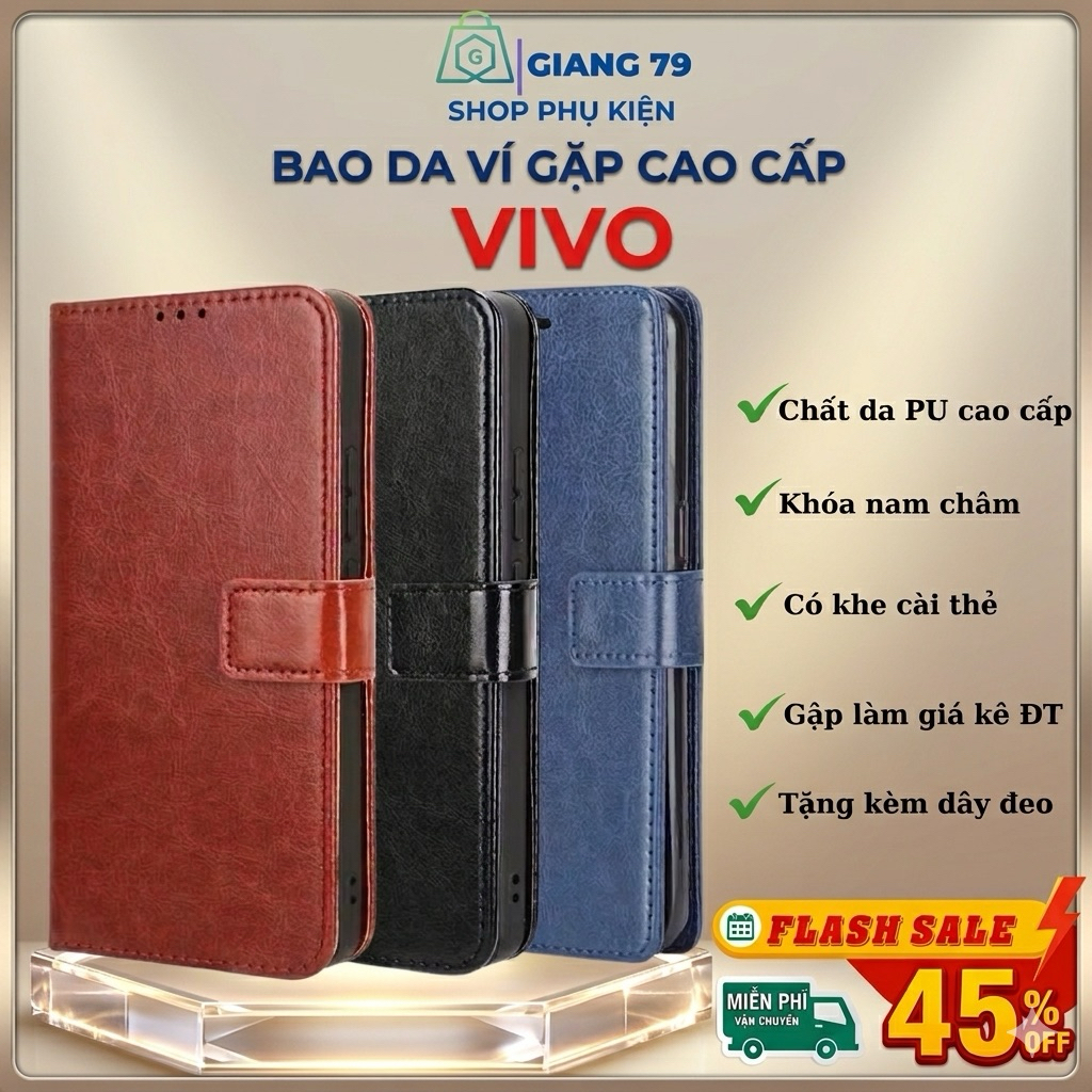 Ốp Lưng Bao Da Ví Gập VIVO Cao Cấp Khoá Nam ChâmY02T Y18 Y18S V29E 30E V30 Y17S Y01 Y02 Y03 Y15 Y16