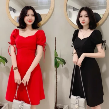 Đầm dự tiệc váy cổ V tay nơ 2 màu, váy dự tiệc, váy đỏ dạo phố