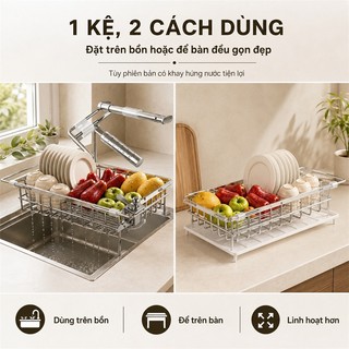 LOADNIX Giá để bát đĩa đa năng inox Chiều dài điều chỉnh phù hợp mọi bồn rửa Kệ Bát Đĩa Inox Có khay đựng nước