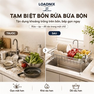 LOADNIX Giá để bát đĩa đa năng inox Chiều dài điều chỉnh phù hợp mọi bồn rửa Kệ Bát Đĩa Inox Có khay đựng nước