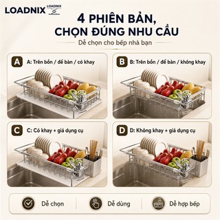 LOADNIX Giá để bát đĩa đa năng inox Chiều dài điều chỉnh phù hợp mọi bồn rửa Kệ Bát Đĩa Inox Có khay đựng nước
