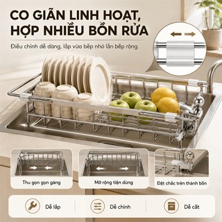 LOADNIX Giá để bát đĩa đa năng inox Chiều dài điều chỉnh phù hợp mọi bồn rửa Kệ Bát Đĩa Inox Có khay đựng nước