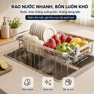 LOADNIX Giá để bát đĩa đa năng inox Chiều dài điều chỉnh phù hợp mọi bồn rửa Kệ Bát Đĩa Inox Có khay đựng nước