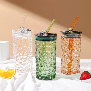 Ly Thủy Tinh Kim Cương 330ML Nắp Gấu Có Ron Kín,Cốc Nước LOVE Kèm Ống Hút Thủy Tinh Sang Trọng-GD97