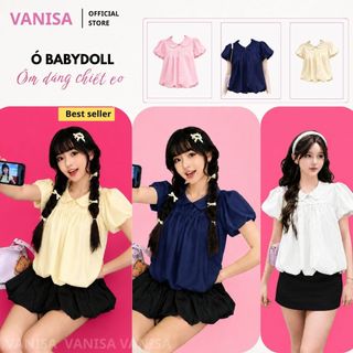 Áo kiểu nữ babydoll cổ lá sen tay búp phồng dáng xòe nhẹ voan mềm xanh mint hồng VANISA SM105