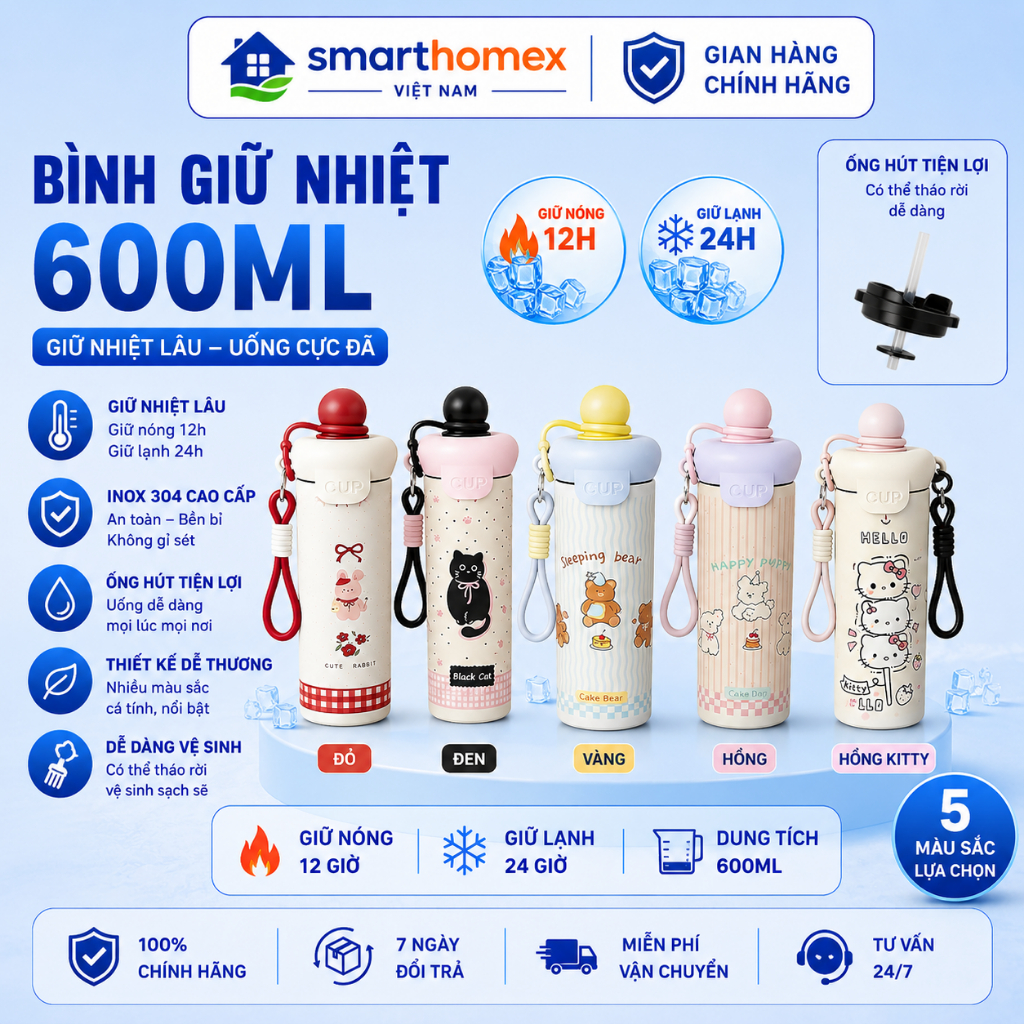 Cốc giữ nhiệt xcup bằng thép không gỉ 316 an toàn cho sức khỏe dung tích 600ml dây cầm tay chắc chắn