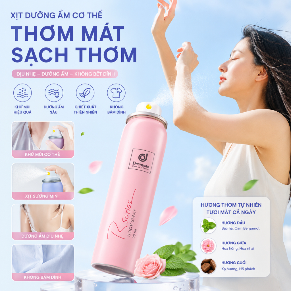 Xịt thơm toàn thân cao cấp, giúp loại bỏ mùi cơ thể hiệu quả, kiểm soát mồ hôi vùng nách, phù hợp cho cả nam và nữ
