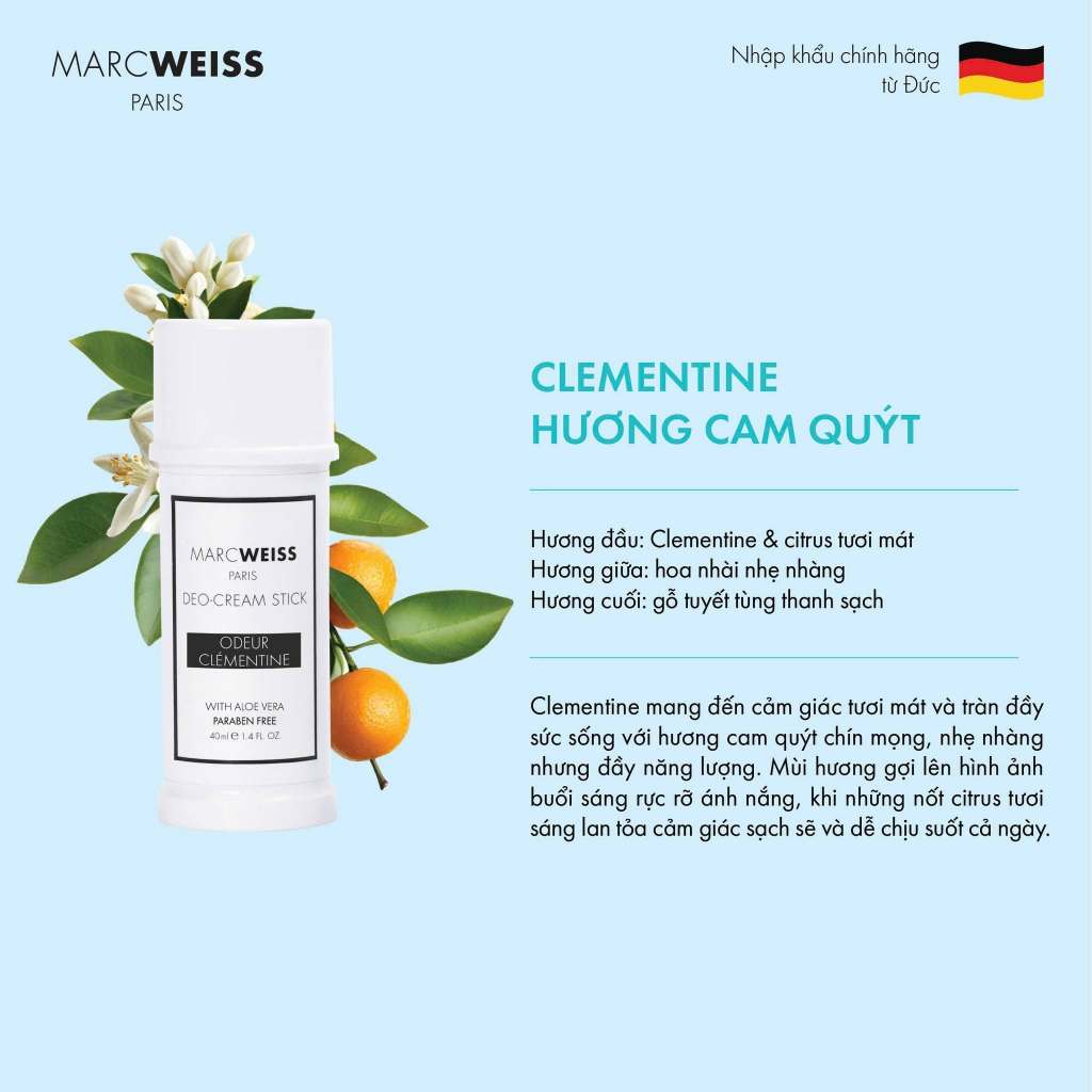 Lăn khử mùi Deo hương cam quýt MarcWeiss Paris 4 trong 1 dạng kem, dưỡng sáng da, ngăn mồ hôi từ Đức 40ml