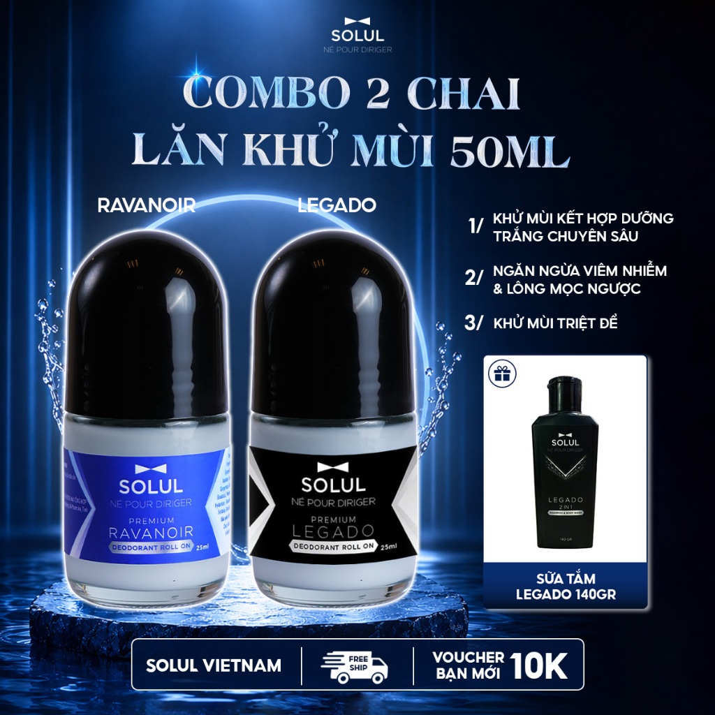 Lăn Khử Mùi Nam SOLUL 50ml dưỡng ẩm kiểm soát mồ hôi, Không Ô Vàng Áo,Hương Thơm Lịch Lãm
