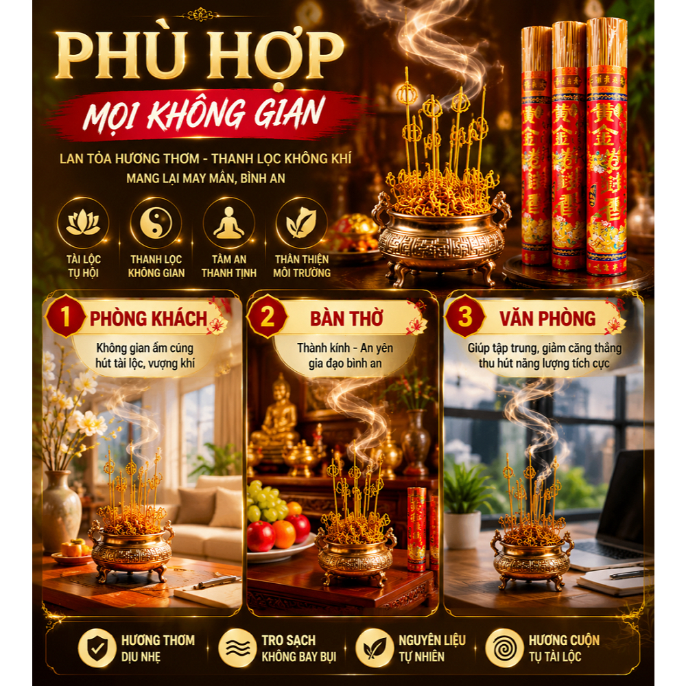 Nhang Thần Tài Tài Lộc Cao Cấp Cuộn Tàn Vàng Ánh Kim | Hương Thơm Dễ Chịu, Ít Khói, Thanh Lọc Không Gian Phong Thủy | 30