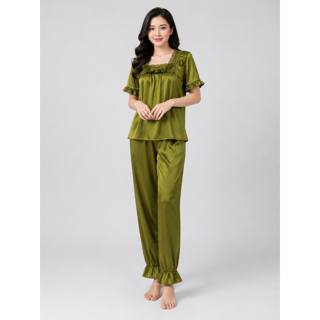 Bộ Pijama Nữ Tay Ngắn Phối Ren – Form Rộng Thoải Mái, Sang Trọng Khi Mặc Nhà.