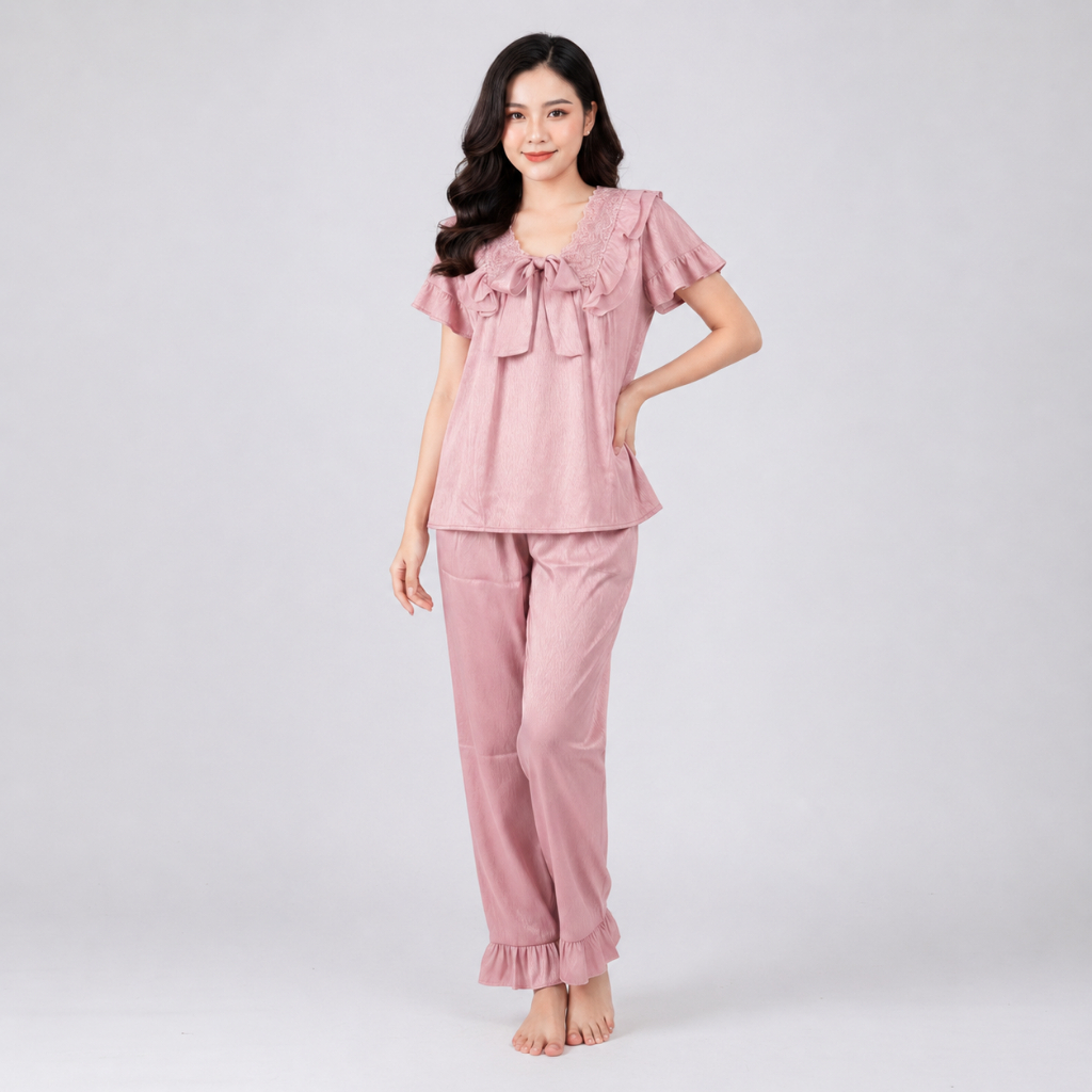 Bộ Pijama Nữ Tay Ngắn Phối Ren – Form Rộng Thoải Mái, Sang Trọng Khi Mặc Nhà.