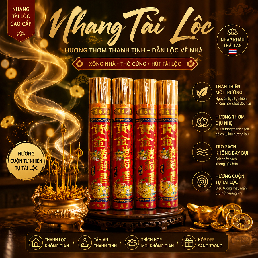 Nhang Thần Tài Tài Lộc Cao Cấp Cuộn Tàn Vàng Ánh Kim | Hương Thơm Dễ Chịu, Ít Khói, Thanh Lọc Không Gian Phong Thủy | 30