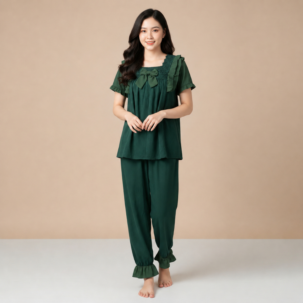 Bộ Pijama Nữ Tay Ngắn Phối Ren – Form Rộng Thoải Mái, Sang Trọng Khi Mặc Nhà.