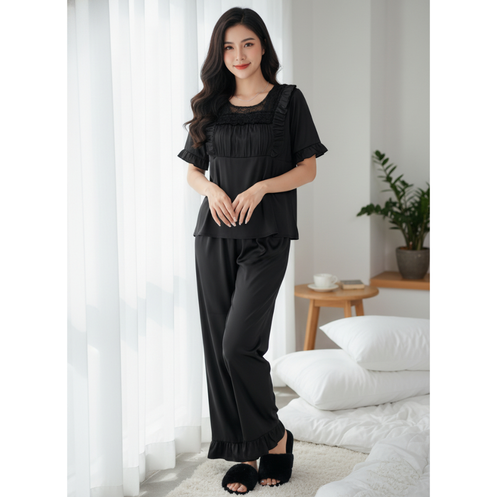 Bộ Pijama Nữ Tay Ngắn Phối Ren – Form Rộng Thoải Mái, Sang Trọng Khi Mặc Nhà.