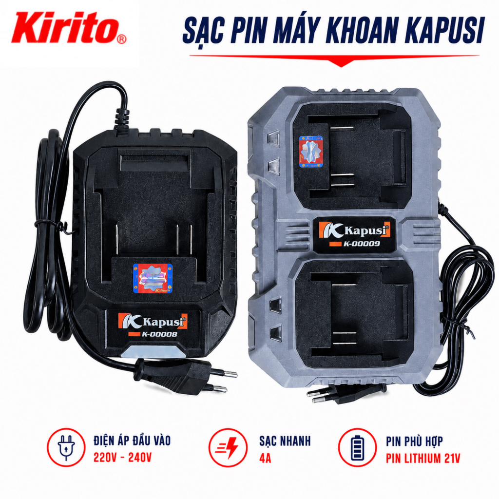 Sạc Pin Máy Khoan 21V Kapusi - Sạc Chân Kim 1A, Sạc Đơn 2A, Sạc Đôi 4A Cho Pin Lithium 21V