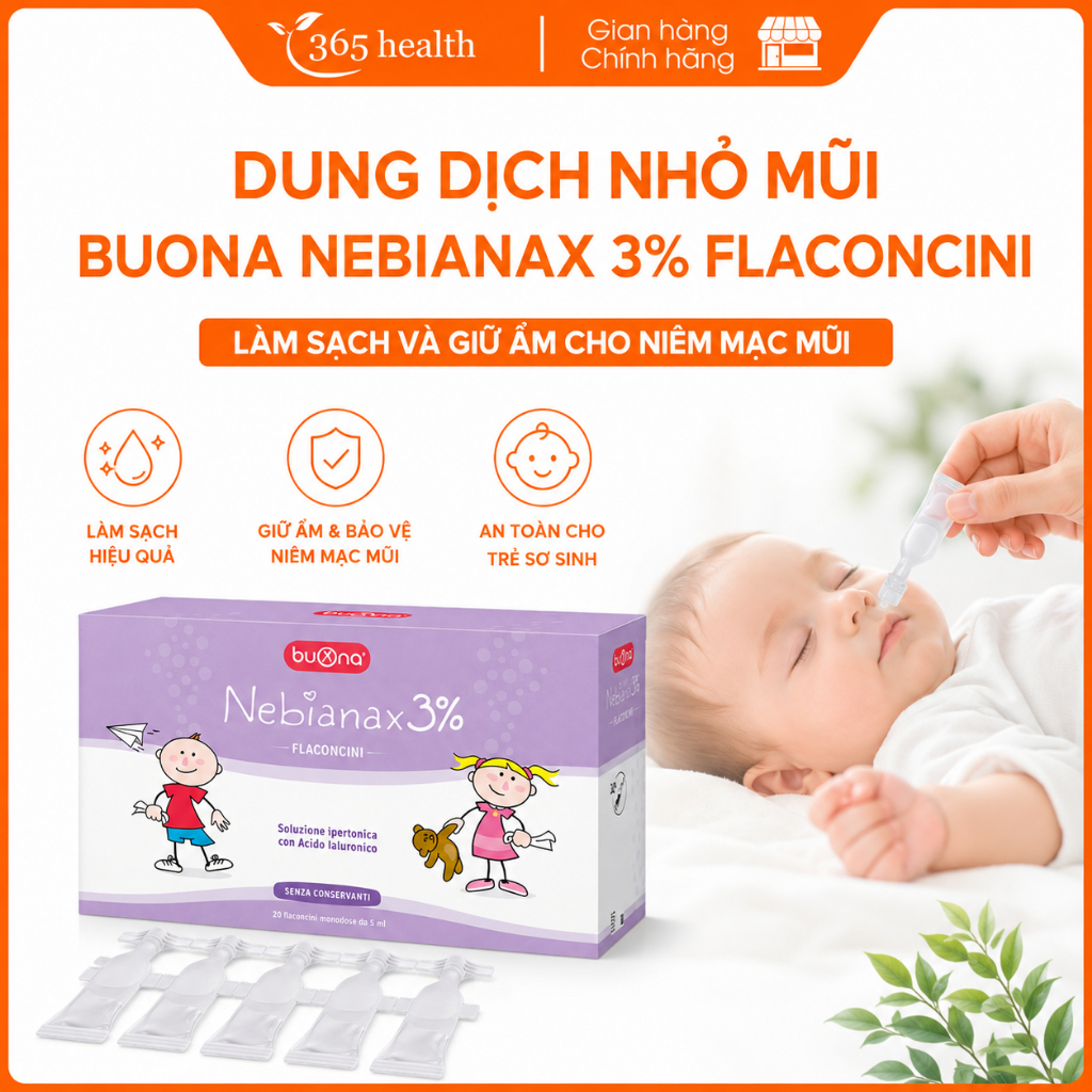 Dung dịch muối ưu trương nhỏ mũi Buona Nebianax 3% làm loãng dịch nhầy ở mũi (20 ống)