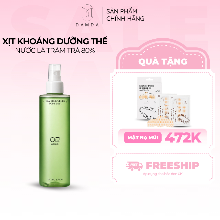 Xịt khoáng dưỡng thể cho da WOLLYO TEA TREE GREEN BODY MIST 200ml | DAMDAVN