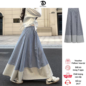 Chân váy dáng dài xòe vintage 90cm kẻ sọc phối caro QCCC, chân váy maxi 2 lớp Tuvada CVD174