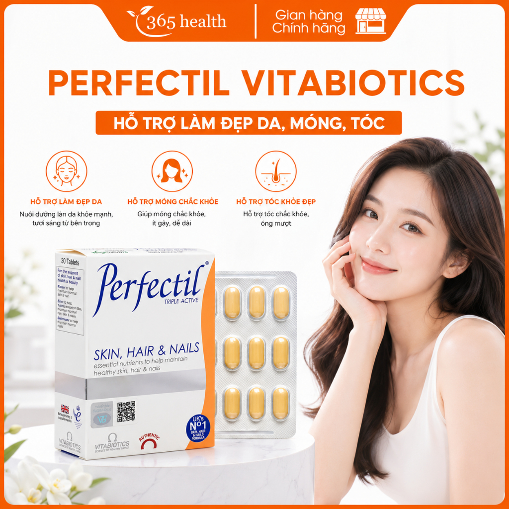 Viên Uống Vitabiotics Perfectil Hỗ Trợ Đẹp Da, Tóc, Móng Từ Sâu Bên Trong - Hộp 30 Viên