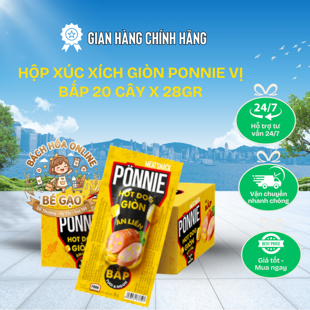 Hộp 20 Cây Xúc Xích Giòn Ăn Liền Ponnie Vị Bắp ( 20 Cây x 28gr)