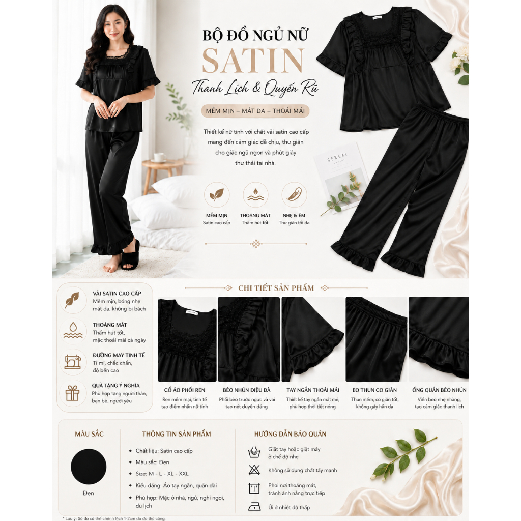 Bộ Pijama Nữ Tay Ngắn Phối Ren – Form Rộng Thoải Mái, Sang Trọng Khi Mặc Nhà.