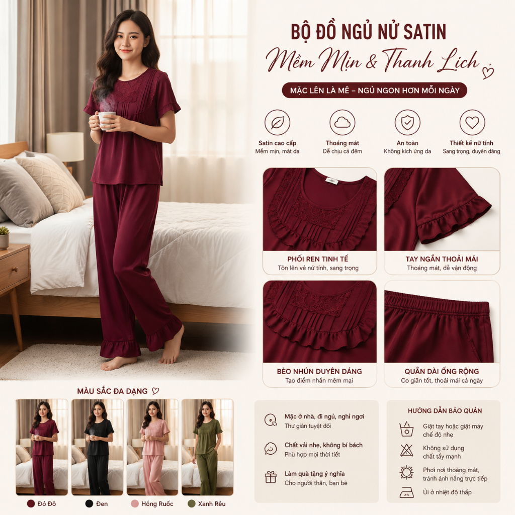Bộ Pijama Nữ Tay Ngắn Phối Ren – Form Rộng Thoải Mái, Sang Trọng Khi Mặc Nhà.