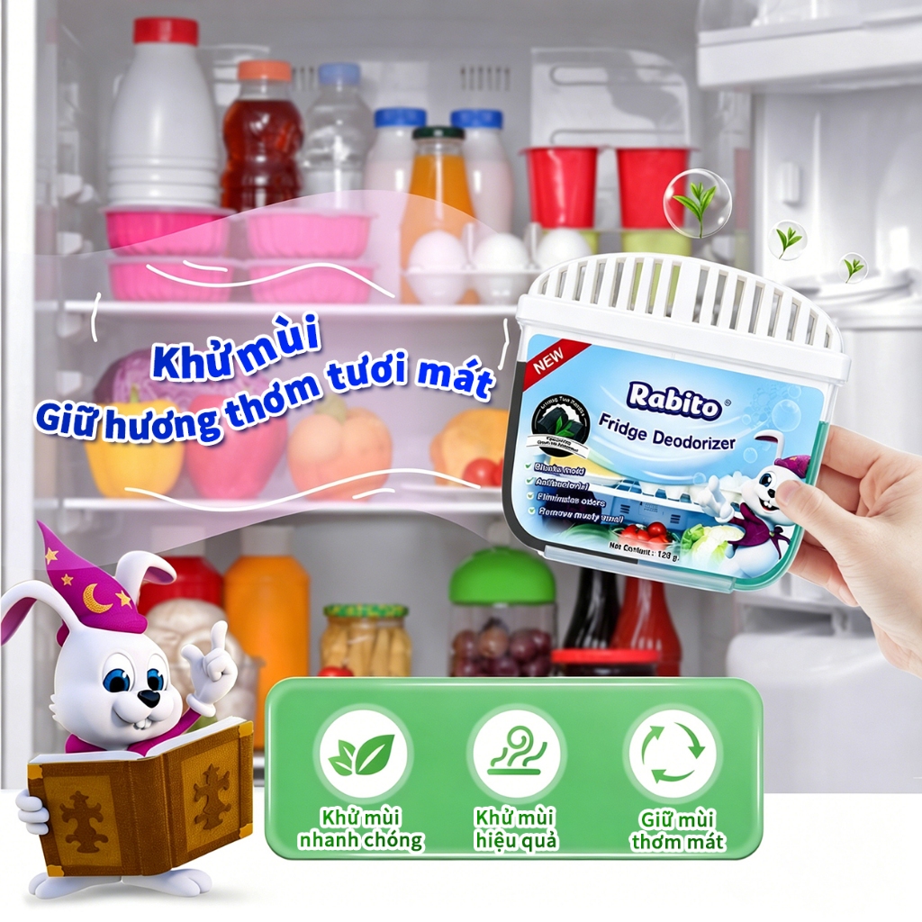 Gel khử mùi tủ lạnh Rabito (Than hoạt tính)  Loại bỏ và hấp thụ các mùi khó chịu; giúp giữ thực phẩm tươi ngon sự kếthợp