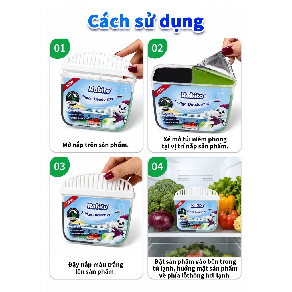 Gel khử mùi tủ lạnh Rabito (Than hoạt tính)  Loại bỏ và hấp thụ các mùi khó chịu; giúp giữ thực phẩm tươi ngon sự kếthợp