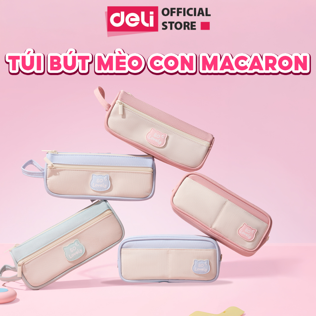 [🔥NEW] Túi Đựng Bút Deli Hình Mèo Macaron Hộp Đựng Bút Vải Canvas Dung Tích Lớn Có Ngăn Phụ Khóa Kéo Tiện Lợi