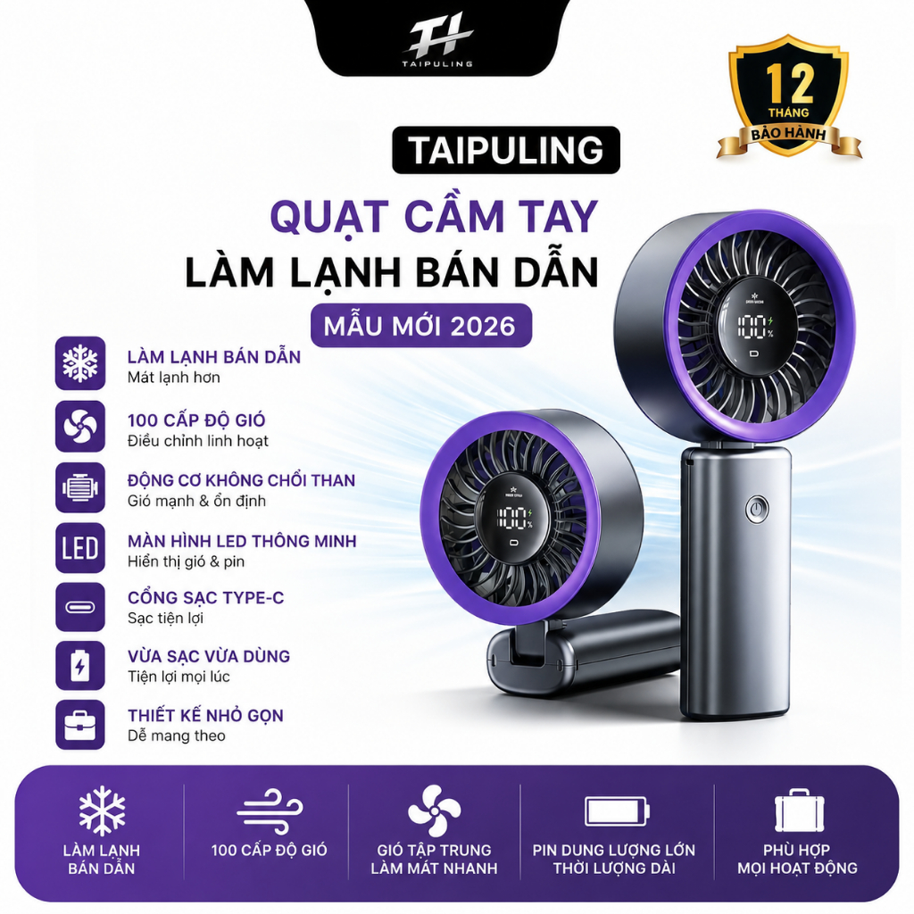 【100 cấp gió mát】Quạt cầm tay mẫu mới 2026, mini siêu êm, pin bền lâu, nhỏ gọn mang theo tiện lợi
