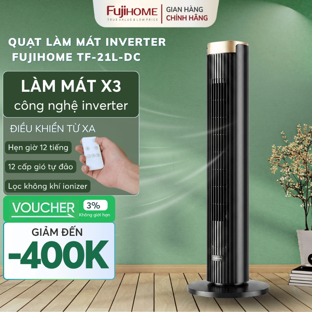 Quạt không cánh lọc không khí Nhập Khẩu FUJIHOME TF-21L-DC-B, quạt điện inverter điều khiển từ xa