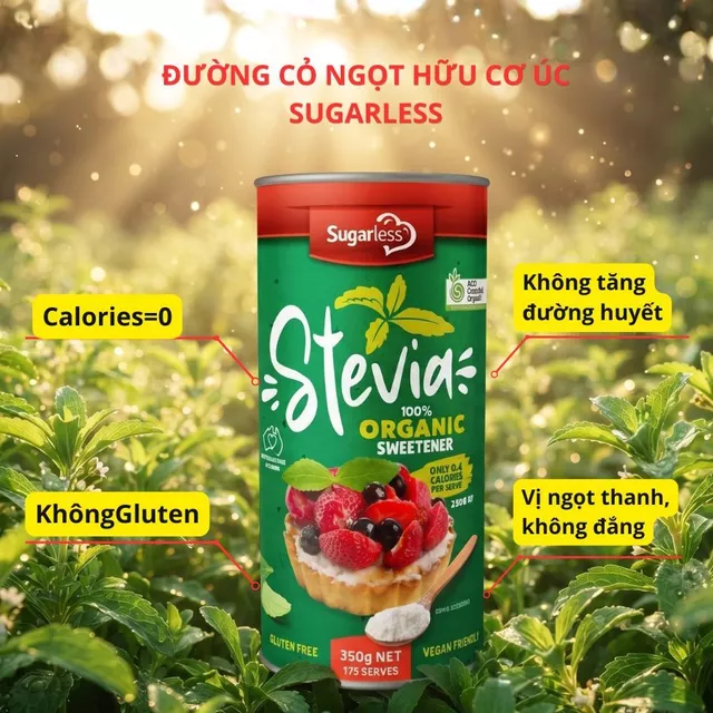 Đường cỏ ngọt hữu cơ Úc Sugarless stevia organic 350g, đường cho người tiểu đường, ăn kiêng