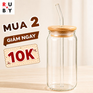 Cốc Thủy Tinh Nắp Tre, Dung Tích 500ml Trong Suất, Chịu Nhiệt Tốt, Ống Hút Thủy Tinh, Tặng Cọ Vệ Sinh Ống Hút