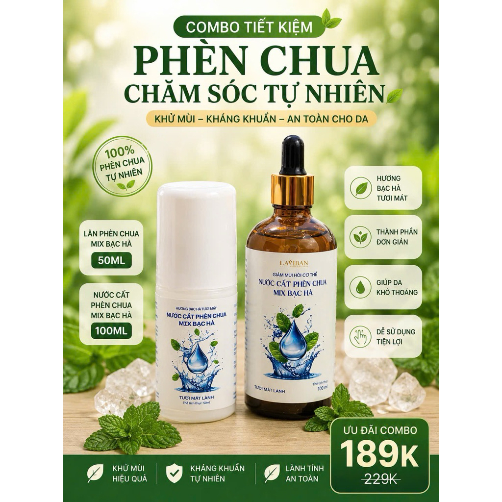 ComBo Lăn 50ml Và chai 100ml Nước Cất Phèn Chua Mix Bạc Hà
