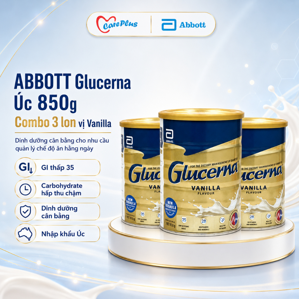 Glucerna Abbott Úc 850g Vanilla combo 3 lon, GI thấp 35, quản lý chế độ ăn, HSD 05/2028