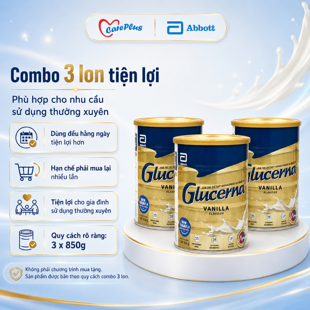 Glucerna Abbott Úc 850g Vanilla combo 3 lon, GI thấp 35, quản lý chế độ ăn, HSD 05/2028