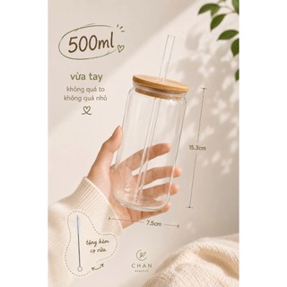 Ly Thủy Tinh 500ml Nắp Gỗ Kèm Ống Hút Thủy Tinh Và Cọ Rửa - Ly Healthy Uống Matcha,CàPhê,Detox,NướcÉp,SinhTố,TràTrái Cây
