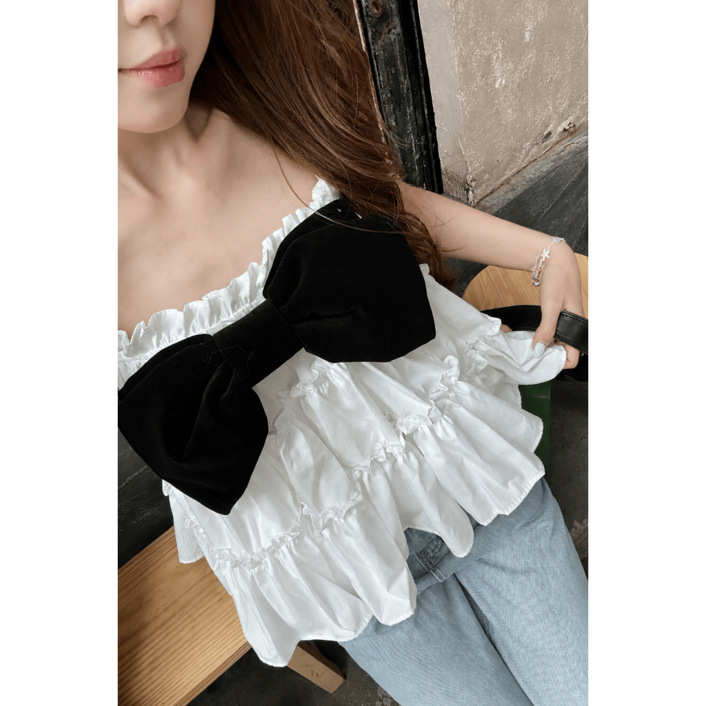 Áo hai dây đính nơ nhung bản to tiểu thư xinh xắn TẤM A145