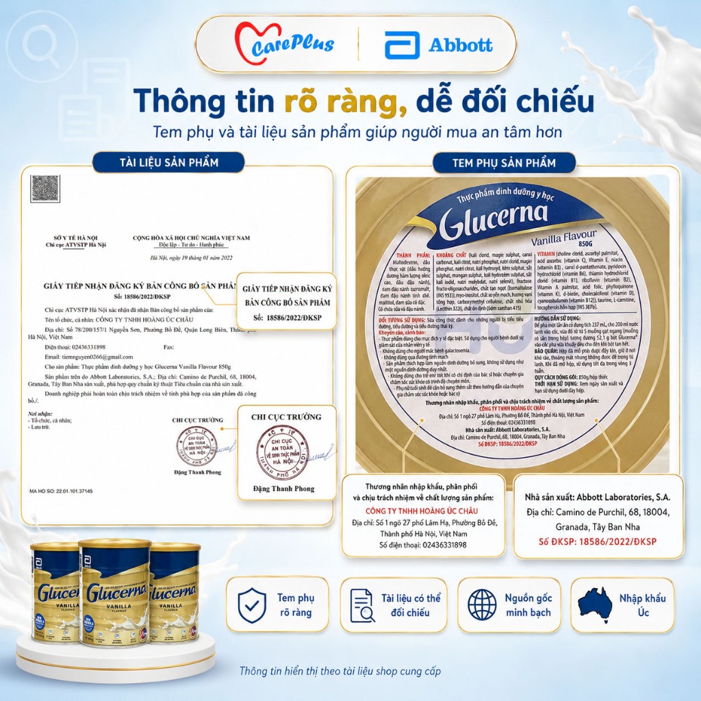 Glucerna Abbott Úc 850g Vanilla combo 3 lon, GI thấp 35, quản lý chế độ ăn, HSD 05/2028