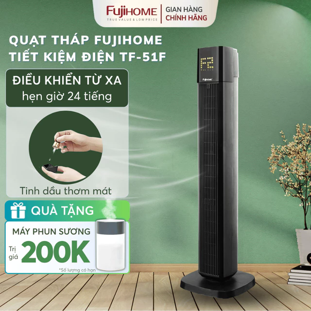Quạt tháp gió êm tiết kiệm điện Nhập Khẩu FUJIHOME TF-51F, quạt tháp trụ đứng điều khiển cảm ứng